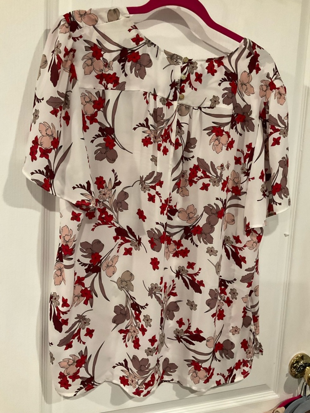 Women's Floral Short-Sleeve Blouse - Red & Taupe on Cream - Picture 4 of 6